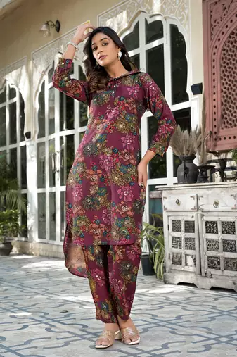  burgundy silk blend floral print co-ord set