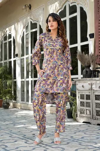  purple silk blend floral print co-ord set