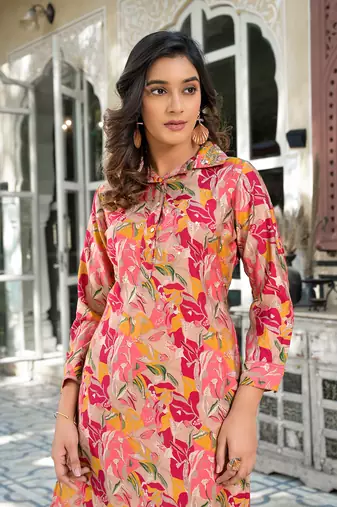  pink silk blend ethnic motifs shirt collar co-ord set
