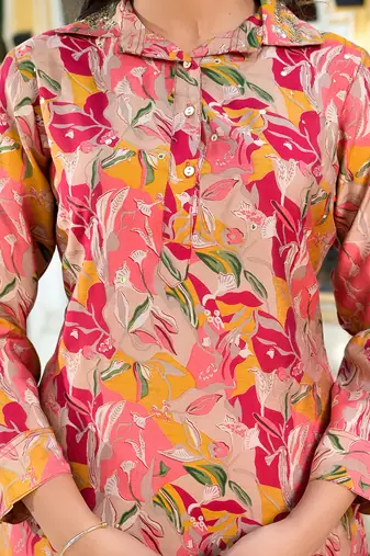  pink silk blend ethnic motifs shirt collar co-ord set