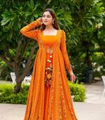 Yellow  Digital Printed,Hand Designer Faux Georgette Stiched Long Length Kameez Sharara party wear salwarsuit