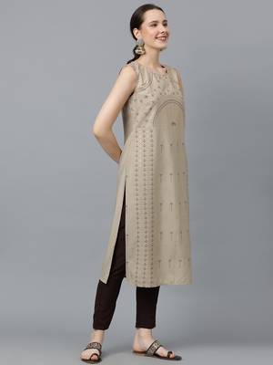 Ziyaa women's beige crepe straight kurta 5