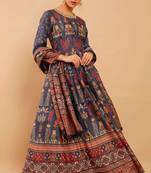 Blue Digital Printed With Hand Work Neck line Doll Silk Stiched Long Length Kameez 0 party wear salwarsuit