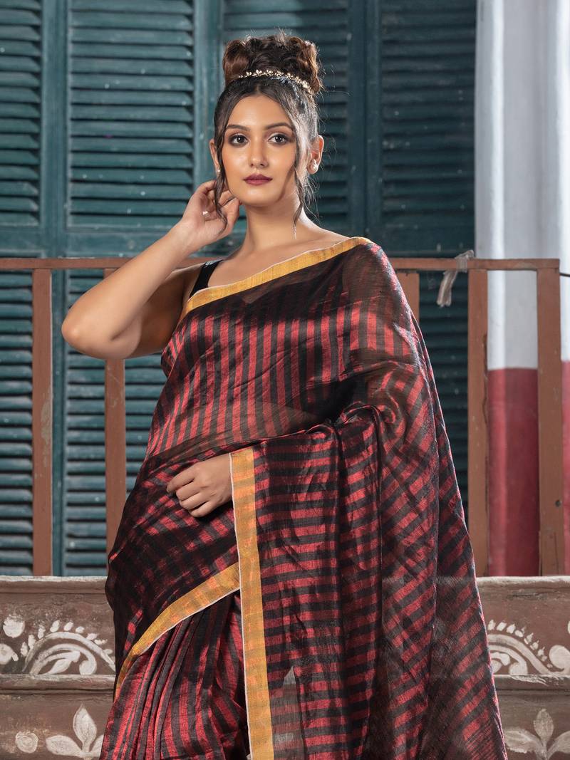 Red Linen All Body Check Handloom Saree