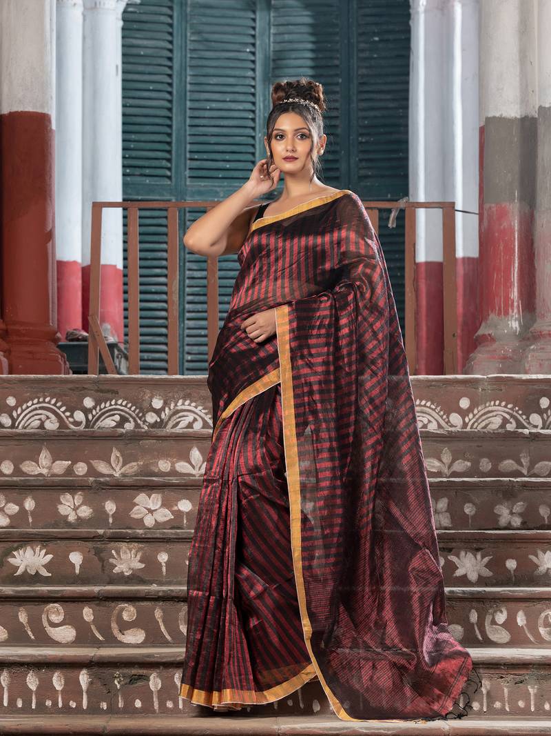 Red Linen All Body Check Handloom Saree
