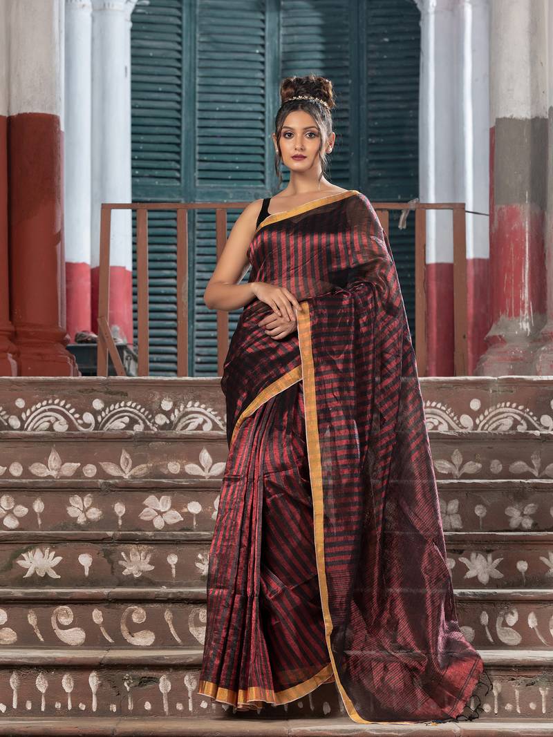 Red Linen All Body Check Handloom Saree