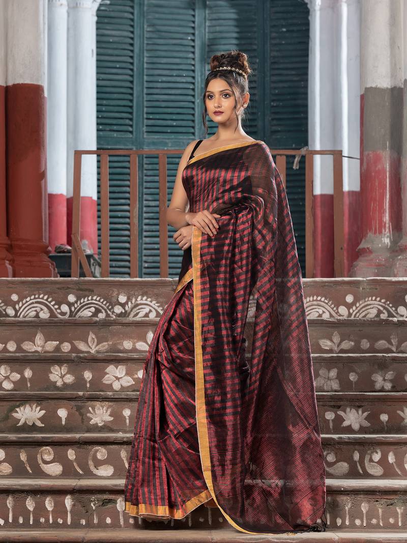 Red Linen All Body Check Handloom Saree