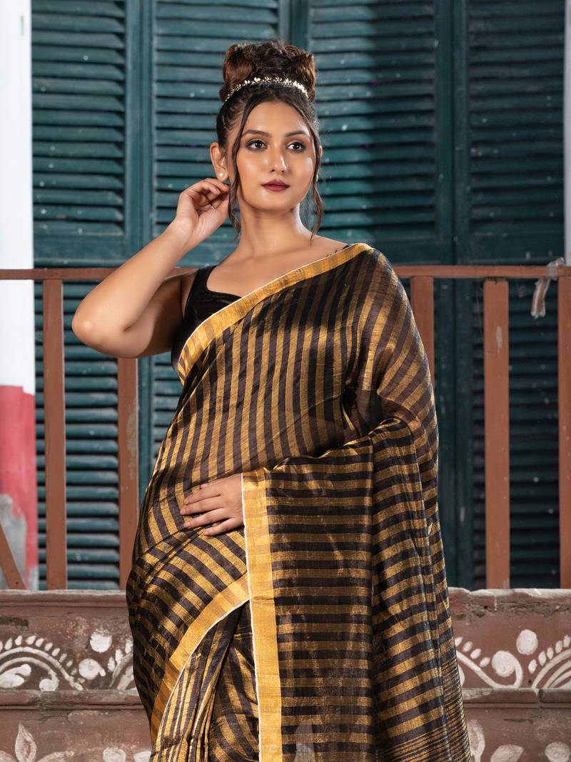 Black Gold Linen All Body Check Handloom Saree