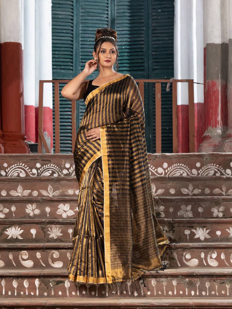 Black Gold Linen All Body Check Handloom Saree