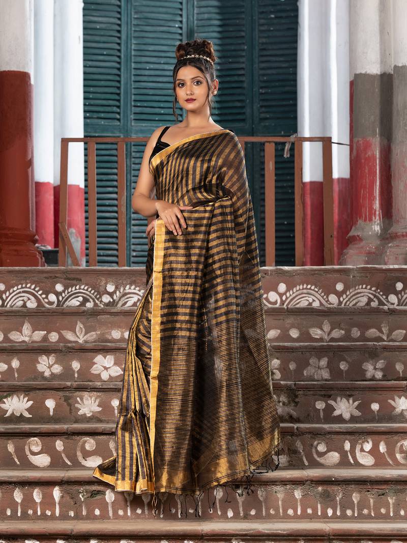 Black Gold Linen All Body Check Handloom Saree