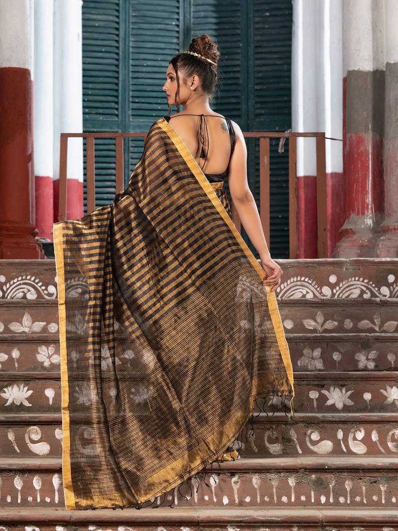 Black Gold Linen All Body Check Handloom Saree