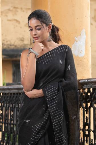 Black Linen Sequin Work Handwoven Saree