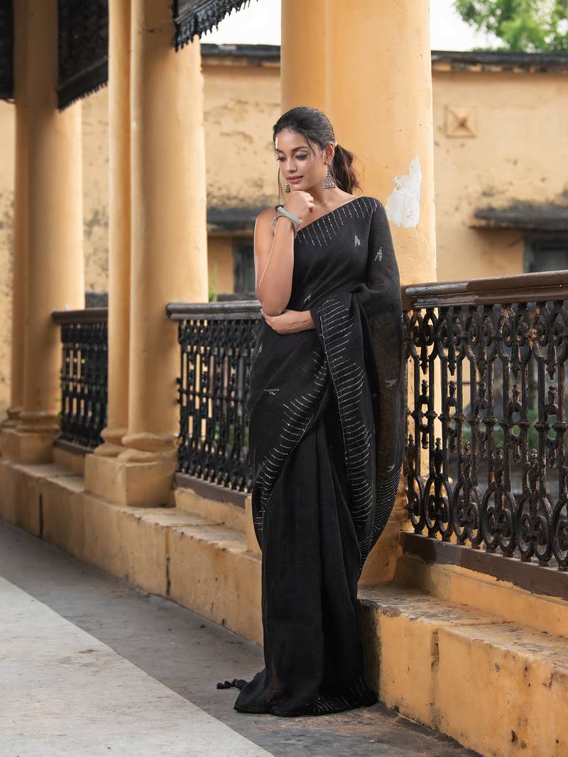 Black Linen Sequin Work Handwoven Saree