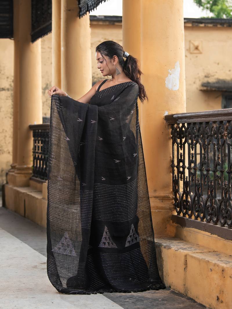 Black Linen Sequin Work Handwoven Saree