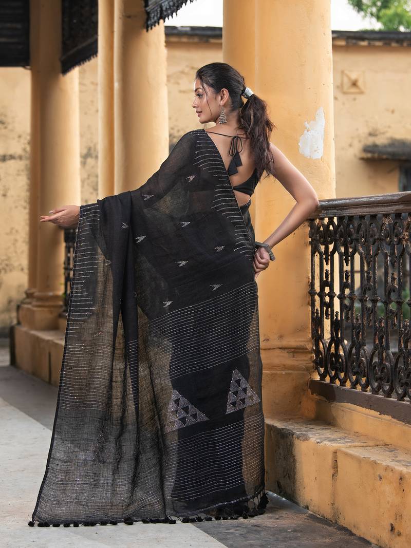 Black Linen Sequin Work Handwoven Saree