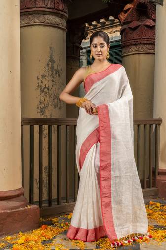 Off White Linen Red Border With Zari Pallu Handloom Saree