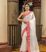 Off White Linen Red Border With Zari Pallu Handloom Saree