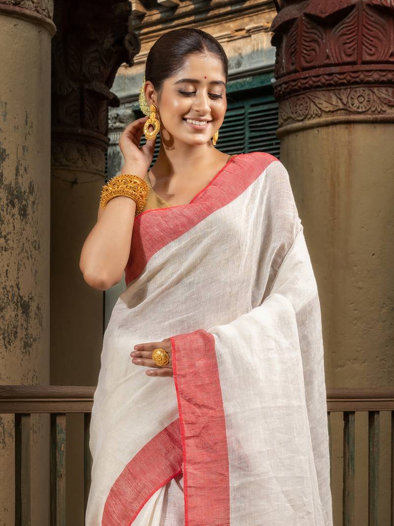 Off White Linen Red Border With Zari Pallu Handloom Saree