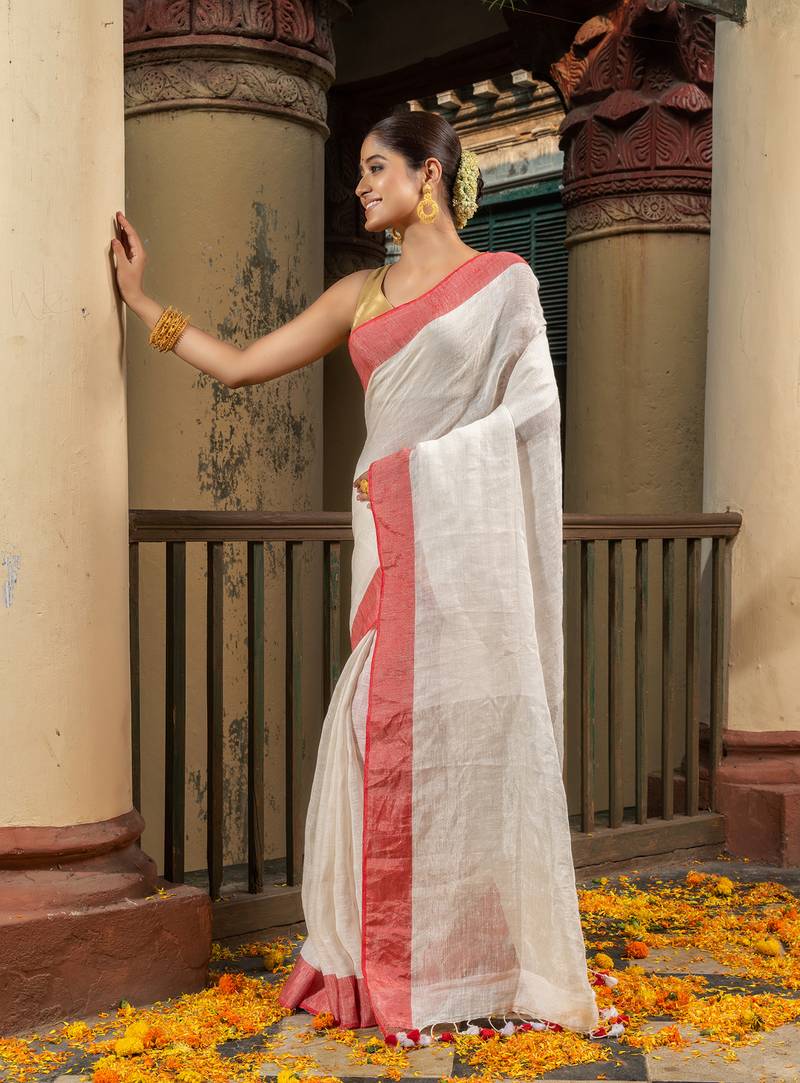 Off White Linen Red Border With Zari Pallu Handloom Saree