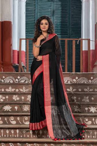 Black Linen Red Border With Zari Pallu Handloom Saree