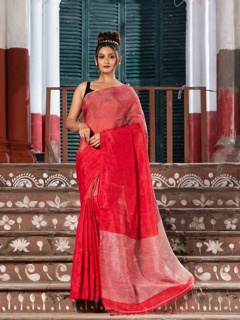 Red & Silver Tissue Linen Multi Colour Pallu Handwoven Saree