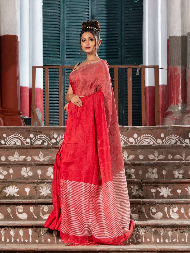 Red & Silver Tissue Linen Multi Colour Pallu Handwoven Saree