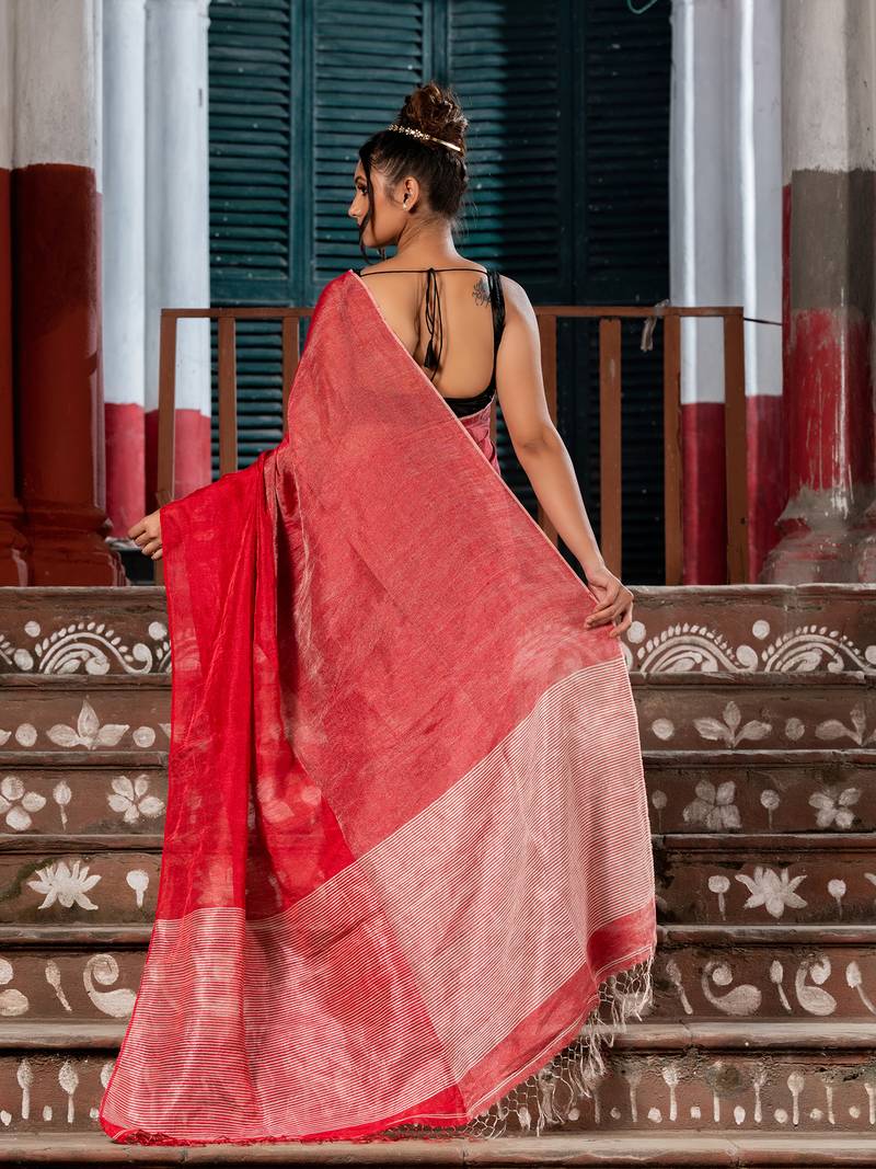 Red & Silver Tissue Linen Multi Colour Pallu Handwoven Saree