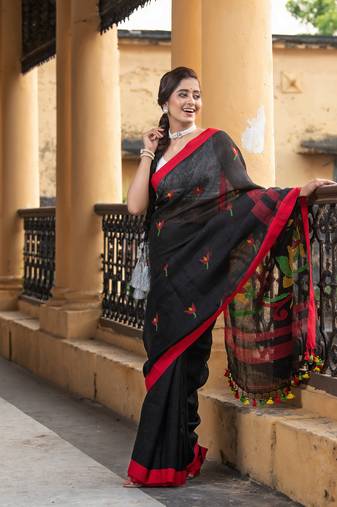 Black Linen All Body Buti With Red Border Jamdani Saree