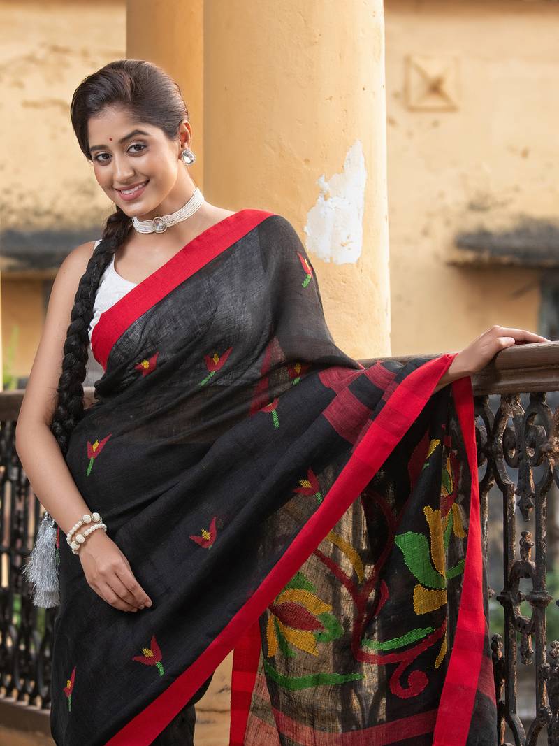 Black Linen All Body Buti With Red Border Jamdani Saree - Angoshobha ...