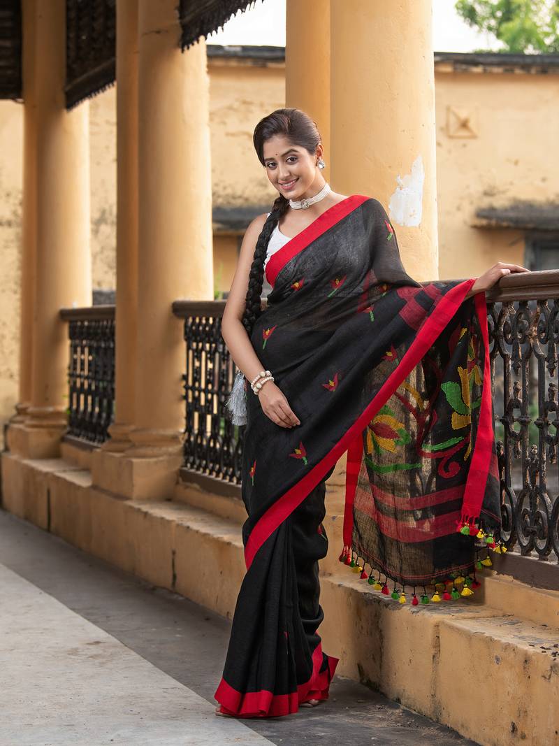 Black Linen All Body Buti With Red Border Jamdani Saree - Angoshobha ...
