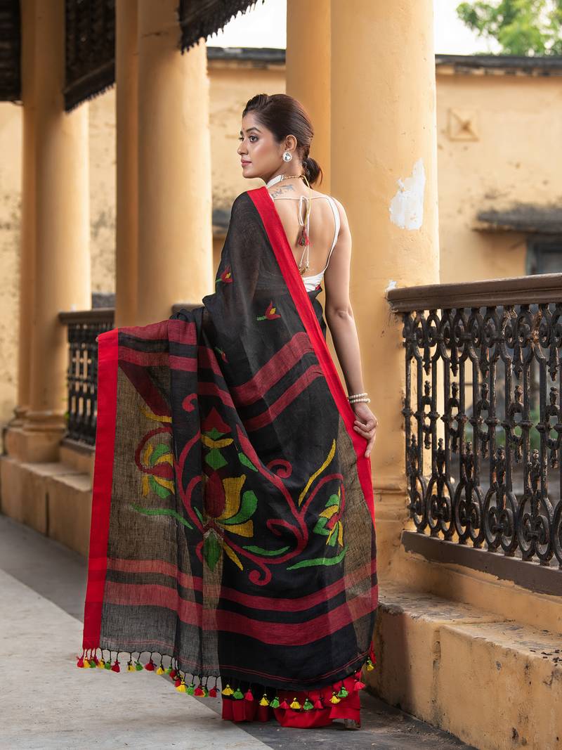Black Linen All Body Buti With Red Border Jamdani Saree - Angoshobha ...