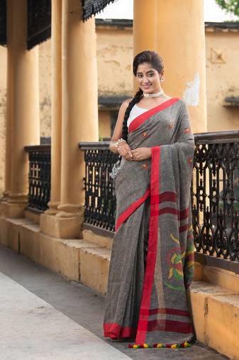 Grey Linen All Body Buti With Red Border Jamdani Saree