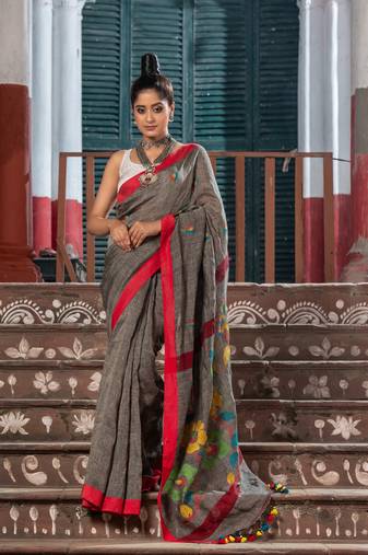 Red Linen All Body Buti With Flowers Motive Pallu Jamdani Saree
