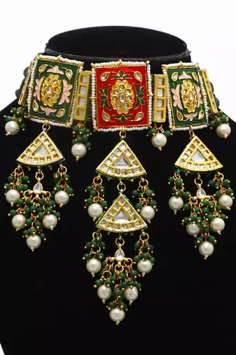 Red green kundan necklace set
