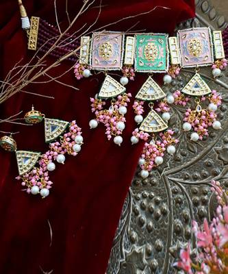 Pink blue kundan necklace set 2