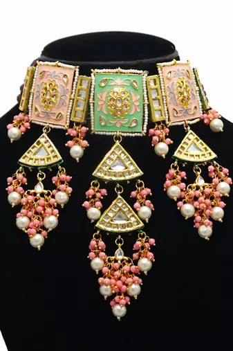 Pink blue kundan necklace set
