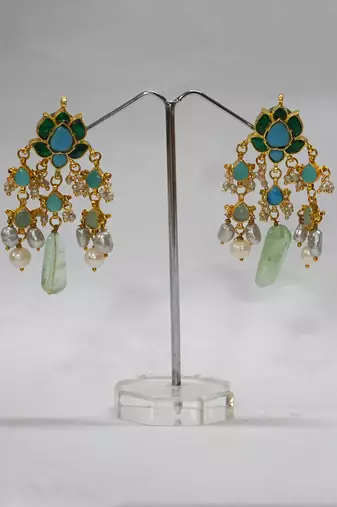 Blue green kundan danglers