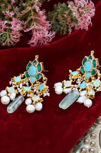Blue green kundan danglers