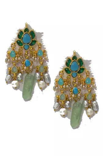 Blue green kundan danglers