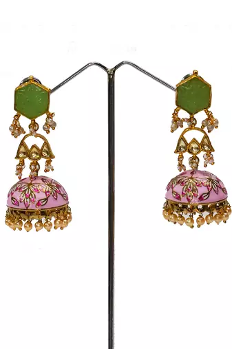 Green pink meenakari jhumka