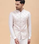 Men Off White & Gold Woven Design Jacquard Neharu jacket