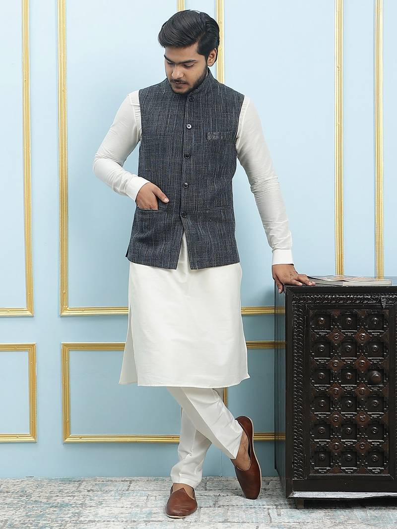 Men Black Color Solid Khadi Nehru Jacket