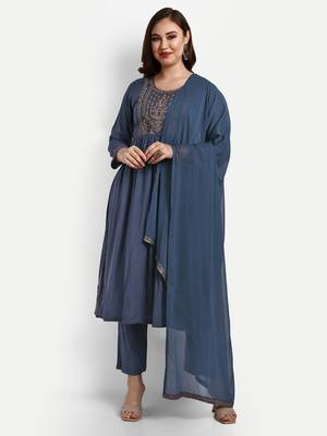 Blue Rayon Embroidered With plain Designer Nyra Sets 1