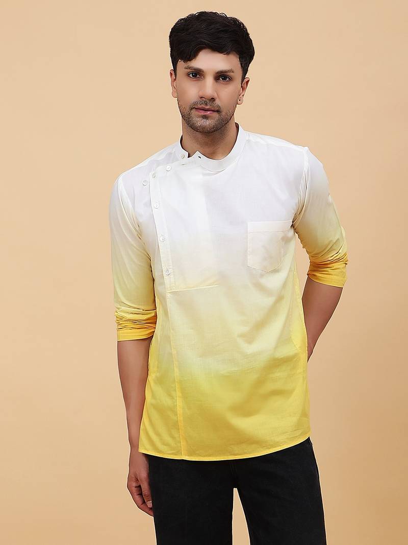Men White And Yellow Ombre Dyed Pure Cotton short Kurta