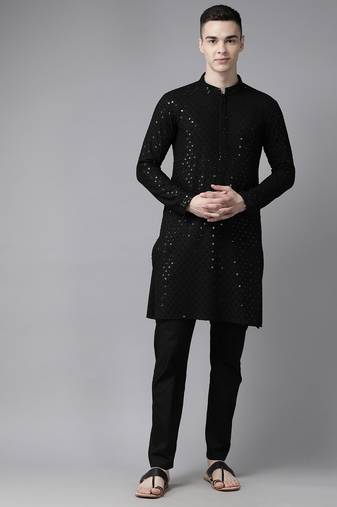 Men Black Floral Embroidered Sequined Rayon Kurta