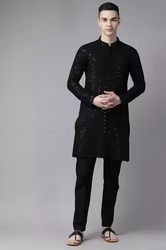 Men Black Floral Embroidered Sequined Rayon Kurta