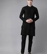 Men Black Floral Embroidered Sequined Rayon Kurta