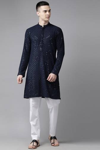Men Navy Blue Floral Embroidered Sequined Rayon Kurta With pyjama
