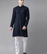 Men Navy Blue Floral Embroidered Sequined Rayon Kurta With pyjama