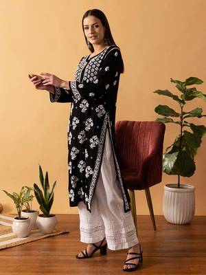 Hand Embroidered Black Modal Lucknowi Chikankari Indian Women Straight Kurta 3